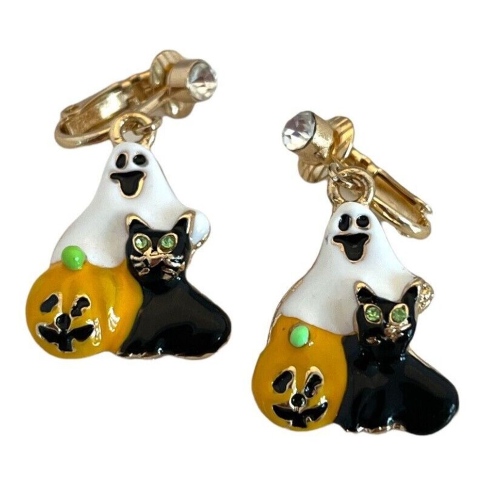 New Vintage Halloween Earrings Clip On Hand Enamel Jack-O-Lantern Cat Ghost - 6P